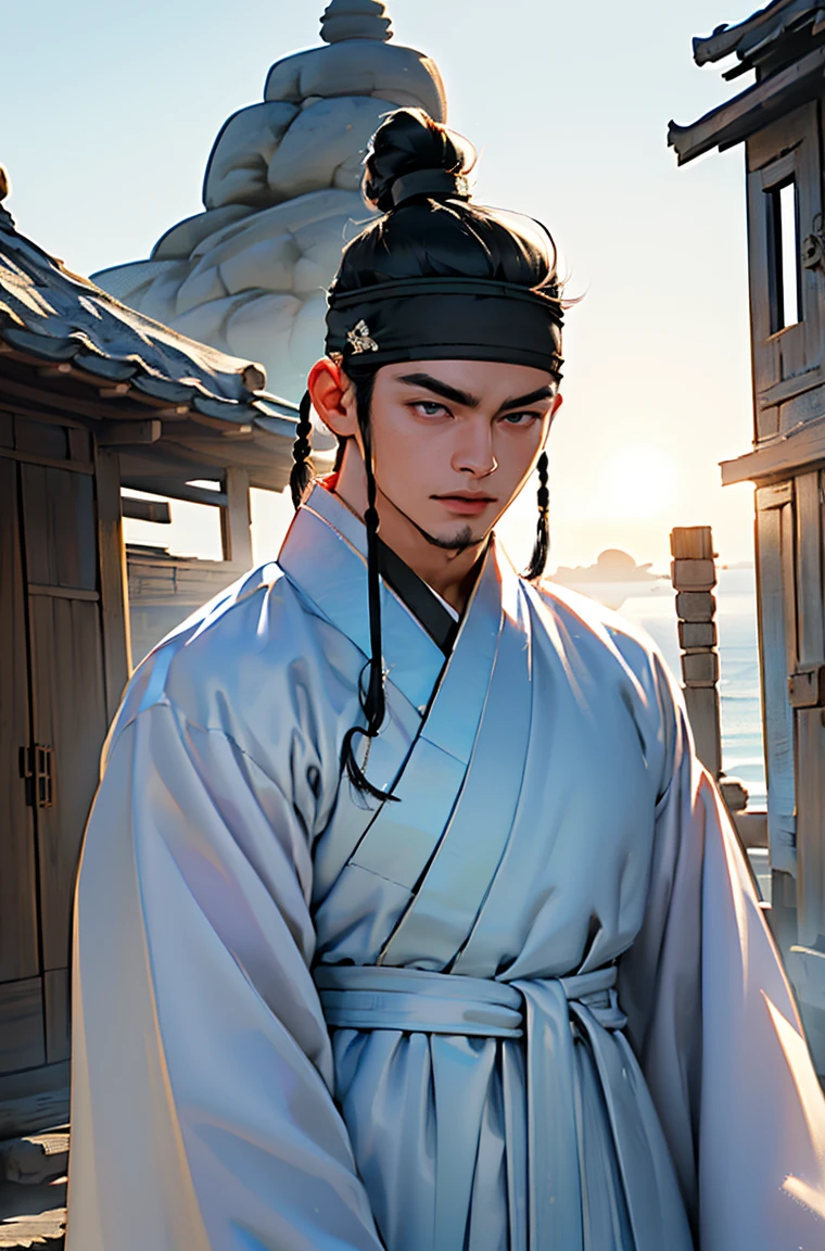 (absurdres, highres, masterpiece, best quality, ultra-realistic,ultra-detailed,(beautiful detailed face and eyes and hair:1.1),1 male, handsome,asian man,muscular,black hair,black eyes,datailed face,topknot,see-through headband,white hanbok,little sad,upper body, day of sea