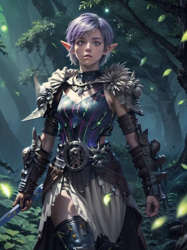 Boy, male, forest gnome, young, short stature, skinny, small, short blue hair, elf ears, purple glowing eyes, organic armor, dark purple cloak with hood, white harem pants, sword, fantasy, fighting pose, full body, surounded by magic trails electricity, 
Fireflies, dark forest, wispy light streaks in the air, glowing sword