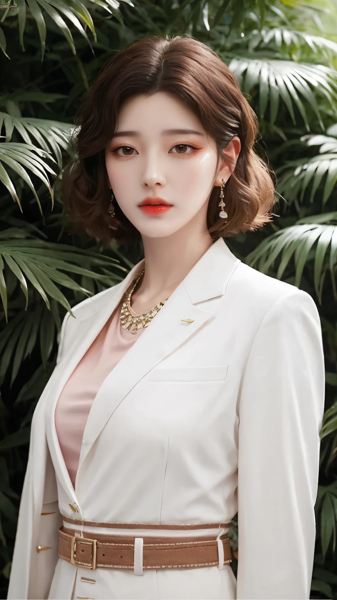 fully body photo,((pores)),fashion magazine,ultrarealism oil painting,(Pure white parrot),white business suit,DEEP-V COLLAR,(long haired neutral woman),((a mature female)),Pink big breasts,Plant cover background,The style of artist Bruce Zheng,shinny hair,cowboy lens,art-deco,Verism,blooms,Award-Awarded,retinas