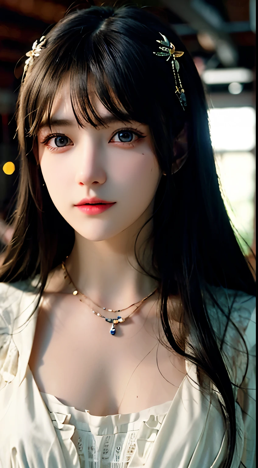(8K, OriginalPhoto, Best quality, A high resolution:1.2), (Realistic, photo-realistic:1.5), 1girl huge large breasts, solo , paleskin, pretty face, lovly, extemely detailed eyes, Cherry heart-shaped lips, Upper body body, komono,Burst cleavage,medium boob,oral sexy,seductiv