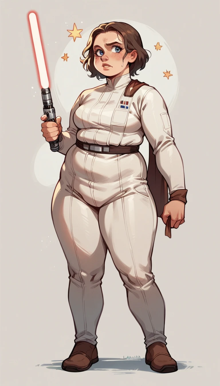 star wars, Ray Skywalker , ray, female character, star wars outfit, young female, thick body, slightly chubby, lady, white outfit, tight outfit, holding a lightsaber, full body 
