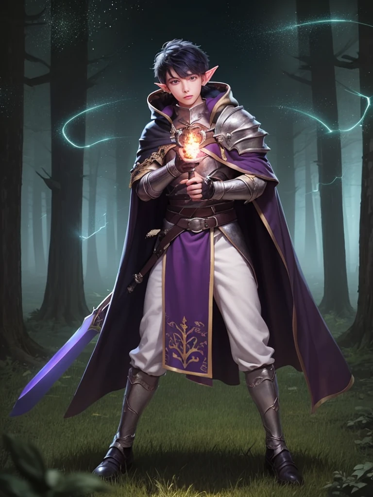 Boy, male, forest gnome, young, short stature, skinny, small, short blue hair, elf ears, purple glowing eyes, organic armor, dark purple cloak with hood, white harem pants, sword, fantasy, fighting pose, full body, surounded by magic trails electricity, 
Fireflies, dark forest, wispy light streaks in the air, glowing sword