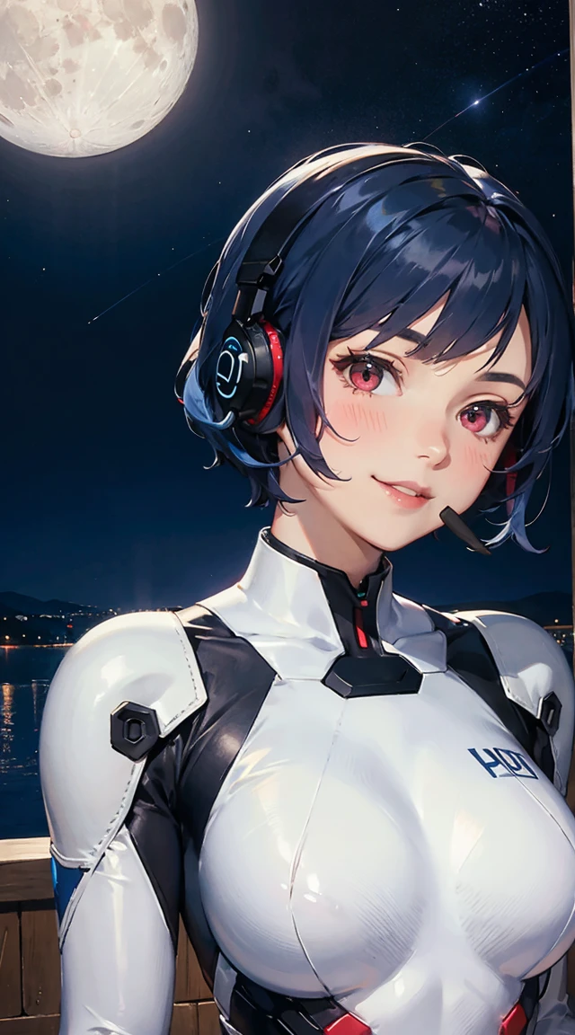 1girl,ayanamirei,PK,, short hair, blue hair, red eyes, solo, night sky, white plugsuit, interface headset, light smile, blush, stars on sky, moon, breast, upper body