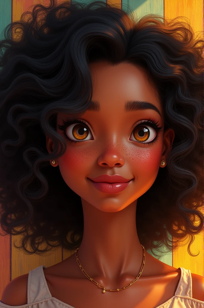 A breathtaking Pixar-inspired portrait of a radiant 28-year-old woman, a mesmerizing fusion of Irish and African heritage, boasts cascading, rich, dark brown curls that frame her regal shoulders. Her captivating golden-brown eyes, adorned with freckles across her nose and cheeks, sparkle with warmth and charm. The portrait is set against a vibrant, intricately textured backdrop, evoking a sense of cultural richness and beauty.