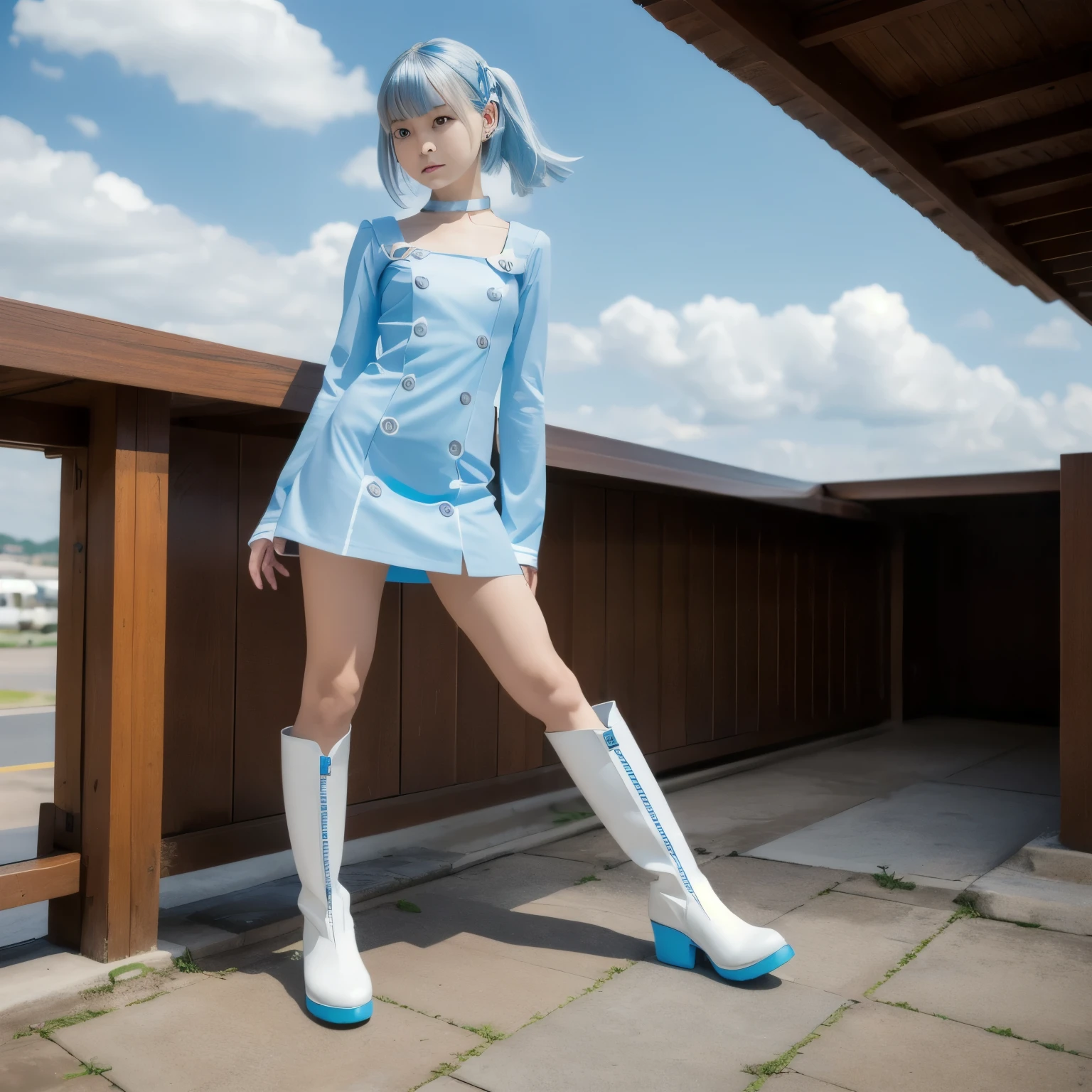 (  super high resolution )、eureka、 girl、 purple eyes、 very short light blue hair 、 choker、 hair clip that invites you with your hand、White and blue dress、 Long Sleeve 、 white knee-length knee-high boots、Blue toe of boots 、 full length view、Standing with dignity、A modern portrait of Darna、Dinah Drake、 Miniskirt、、Clear sky 、 expand your hands and feet and dive from an aircraft、It catches the wind all over the body and dances in the sky like a kite、 skirt lifts in the wind and white shorts peek out、
