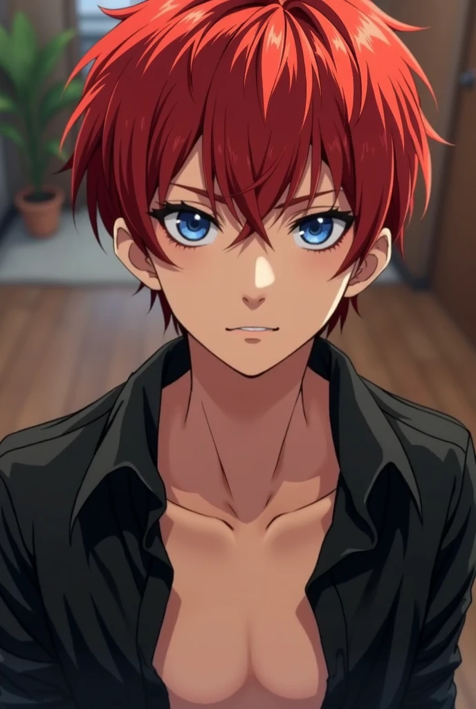   An older boy-style anime character (Quality illustration)  with red hair and black eyes  ,  a  smiley face  ,   wearing an open black button-down shirt , a selfie photo 