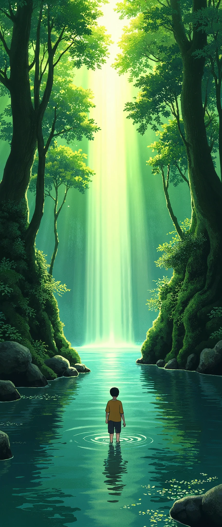 (masterpiece:1.2,Exceptional Quality,Mirror-like, A movie-like experience , best illustration :2.0,Super detailed:2.0),16k,wallpaper,(forestの中の光:2.0),( sunlight filtering through the trees:2.0),(鬱蒼としたforestの木々 A ray of light shines into the pond through the gap:2.0),(Crystals of Light Reflected in the Pond :2.0),(forest:2.0),(moss:2.0),( studio Ghibli :2.0),( Anime Artwork),( dynamic :2.0),(From below:2.0),(Back view of a boy looking up at the light that can be shined in:2.0),( vibrant colors:2.0),(Vivid and beautiful gradation :2.0),(god々Shining light:2.0)