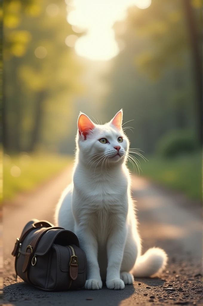 A realistic, candid photograph-style image of a white cat that appears ready to journey to the city, standing upright with a small bag or satchel by its side as if preparing to leave. The cat looks determined, and its surroundings hint at a travel scene, perhaps near a path or road, with a soft morning or late afternoon light giving a natural ambiance. The photo captures the moment as if by surprise, creating a sense of adventure and purpose. No animation, illustration, or 3D elements, only realism