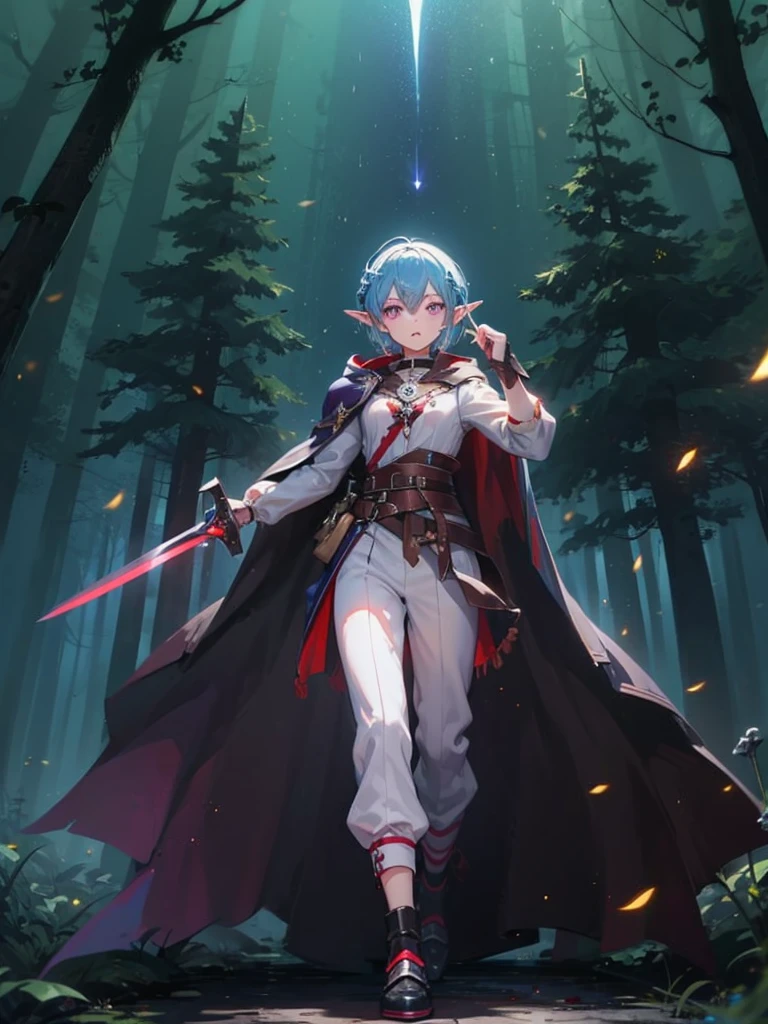 Boy, male, forest gnome, young, short stature, skinny, small, short blue hair, elf ears, purple glowing eyes, organic armor, dark purple cloak with hood, white harem pants, sword, fantasy, fighting pose, full body, surounded by magic trails electricity, 
Fireflies, dark forest, wispy light streaks in the air, glowing sword