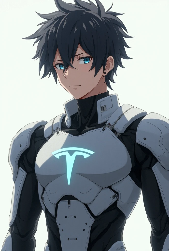 create exact image of anime character gojo satoru wearing a modern robotics like Armor with face open and a text of Tesla in the armor, realistic,16k quality,high level of detail