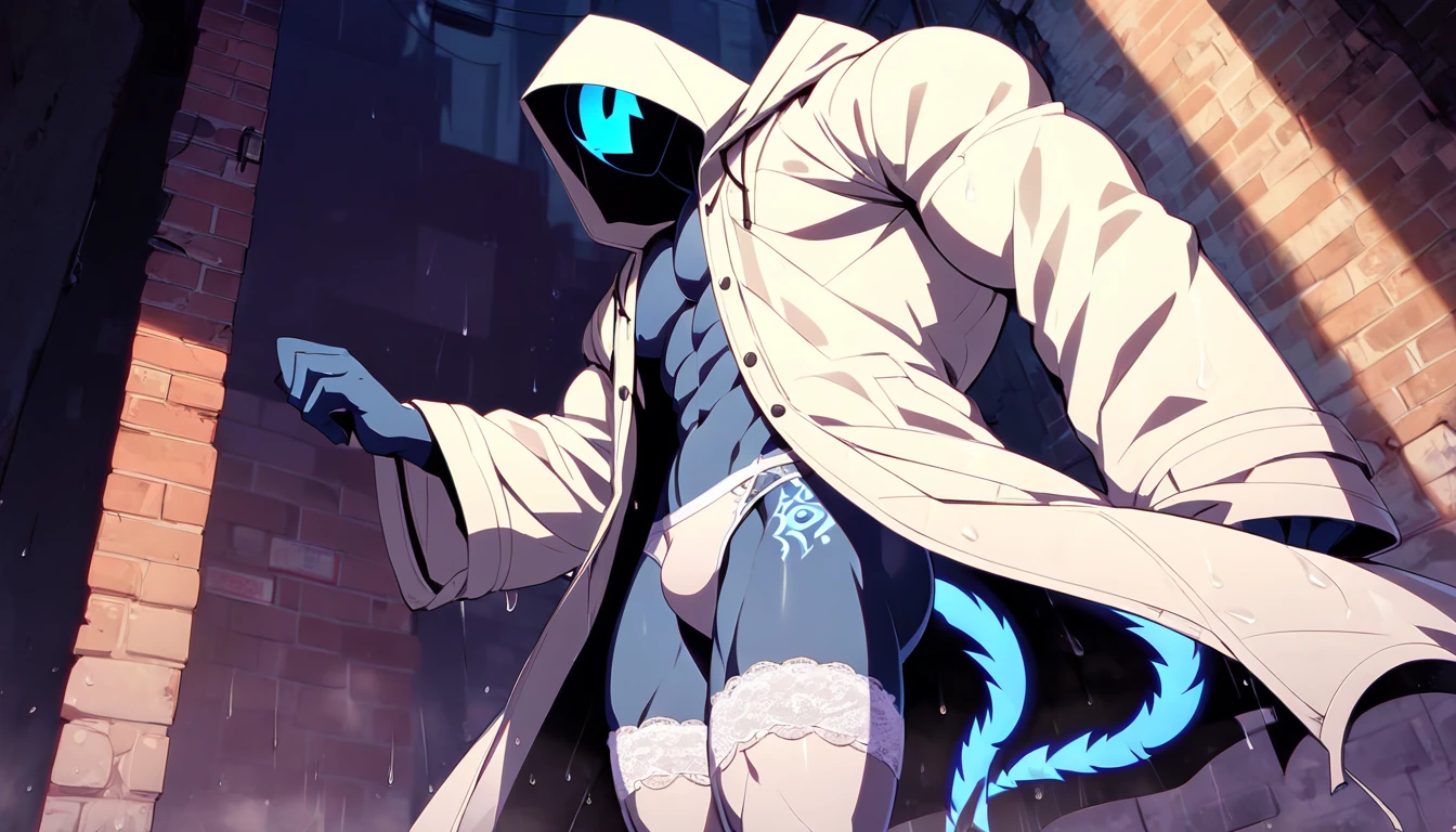 One person、Slender lizard man、masterpiece、Highest quality、Black body、There are scars on the body、Sharp Eye、Light blue lace underwear、Lace fabric bra、Knee-high socks、garter belt、Long, thin tail、Hooded camouflage coat、Looking up at the night sky on the rooftop of a building at night、Side view、Ass