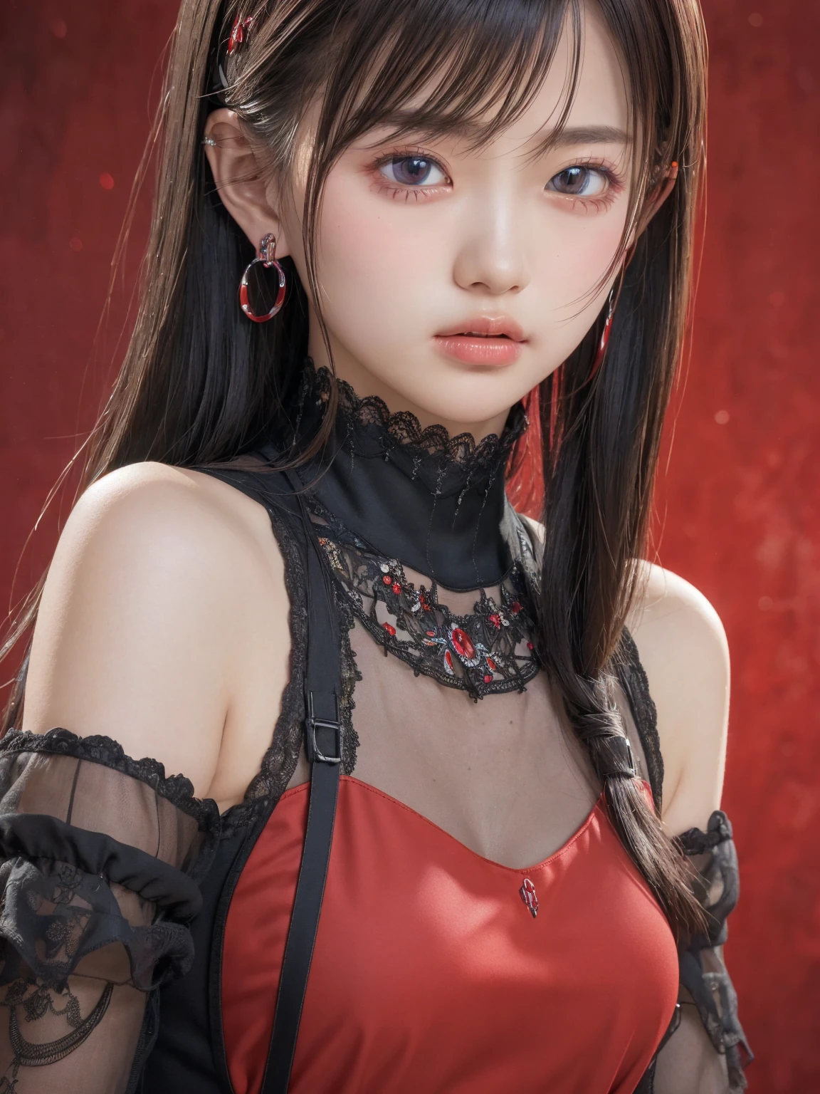 ((Best Quality)),(  super high resolution ),( very detailed),( detailed explanation),(( best CG )),(a masterpiece), super detailed art、See-Through 2.0、Outside the shoulder、 clevis、 red background 、