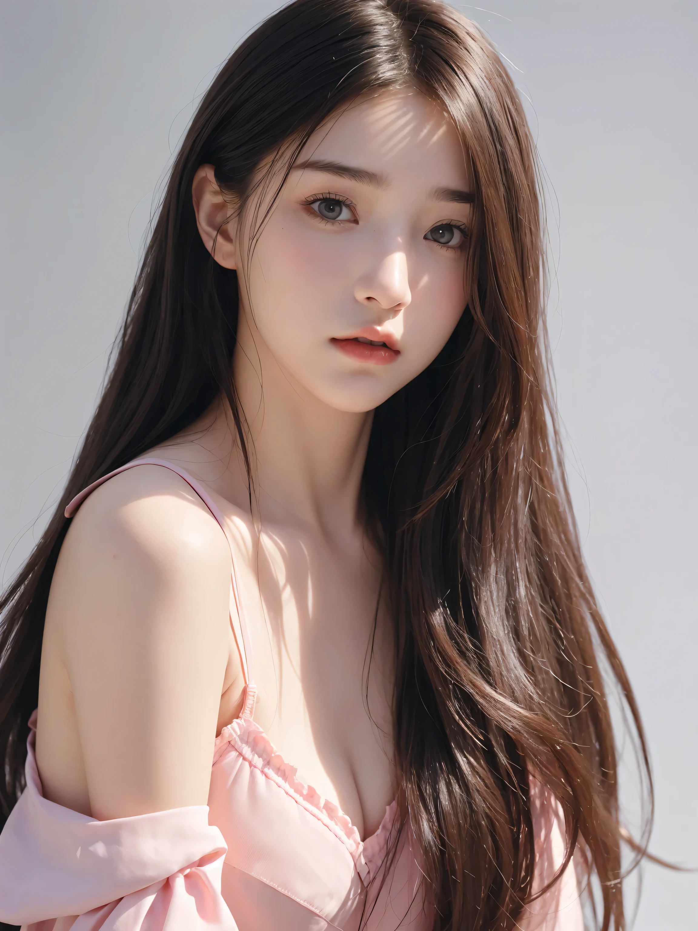 best quality, masterpiece, (photorealistic:1.5), Photo of a beautiful 22 years old woman, face, grey eyes, clean pale skin, pink cheeks, straight nose, pink lib, black hair, long hair, curly hair, white background, front view, upper body