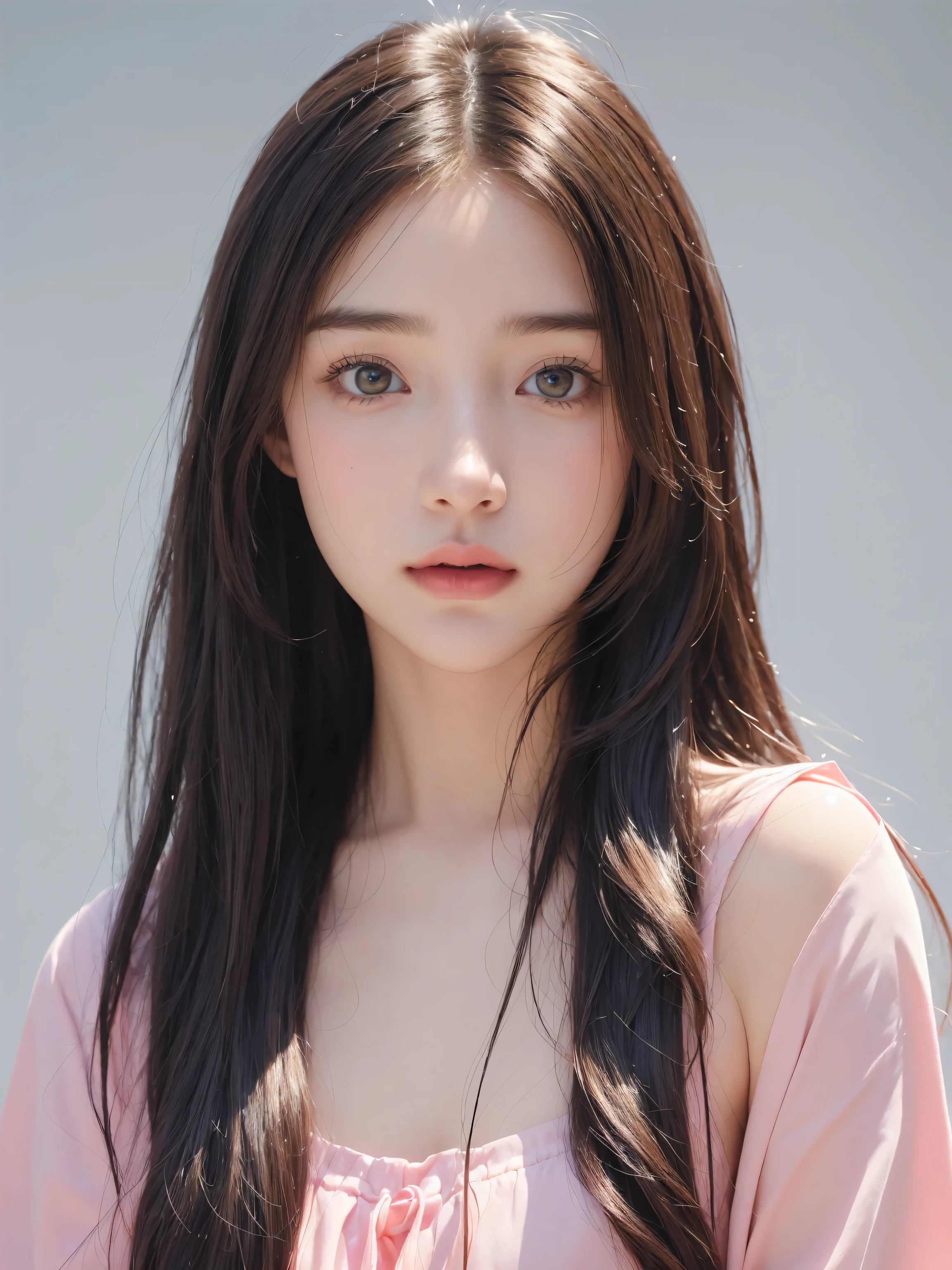 best quality, masterpiece, (photorealistic:1.5), Photo of a beautiful 22 years old woman, face, grey eyes, clean pale skin, pink cheeks, straight nose, pink lib, black hair, long hair, curly hair, white background, front view, upper body