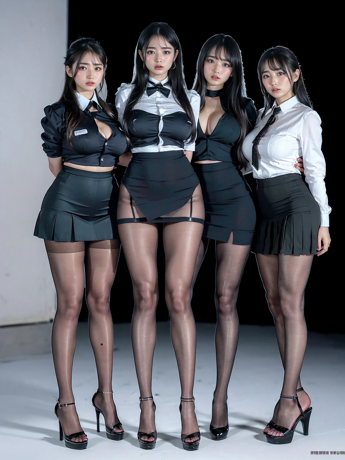 (Full body shooting :2), (Full Focus:1.3),Must show your face, anatomy correct, The characters wear sailor suits and pleated skirts,Blue-green color scheme,Strangle effect,High-heeled leather shoes, anklet,leg loops,collars,Heavy makeup, A shallow laugh, Latex stockings must be worn, hyper HD, Ray traching, structurally correct, Award-Awarded, high detal, lightand shade contrast, cinmatic lighting, tmasterpiece, super detailing, high high quality, high detal, best qualityer, 16k