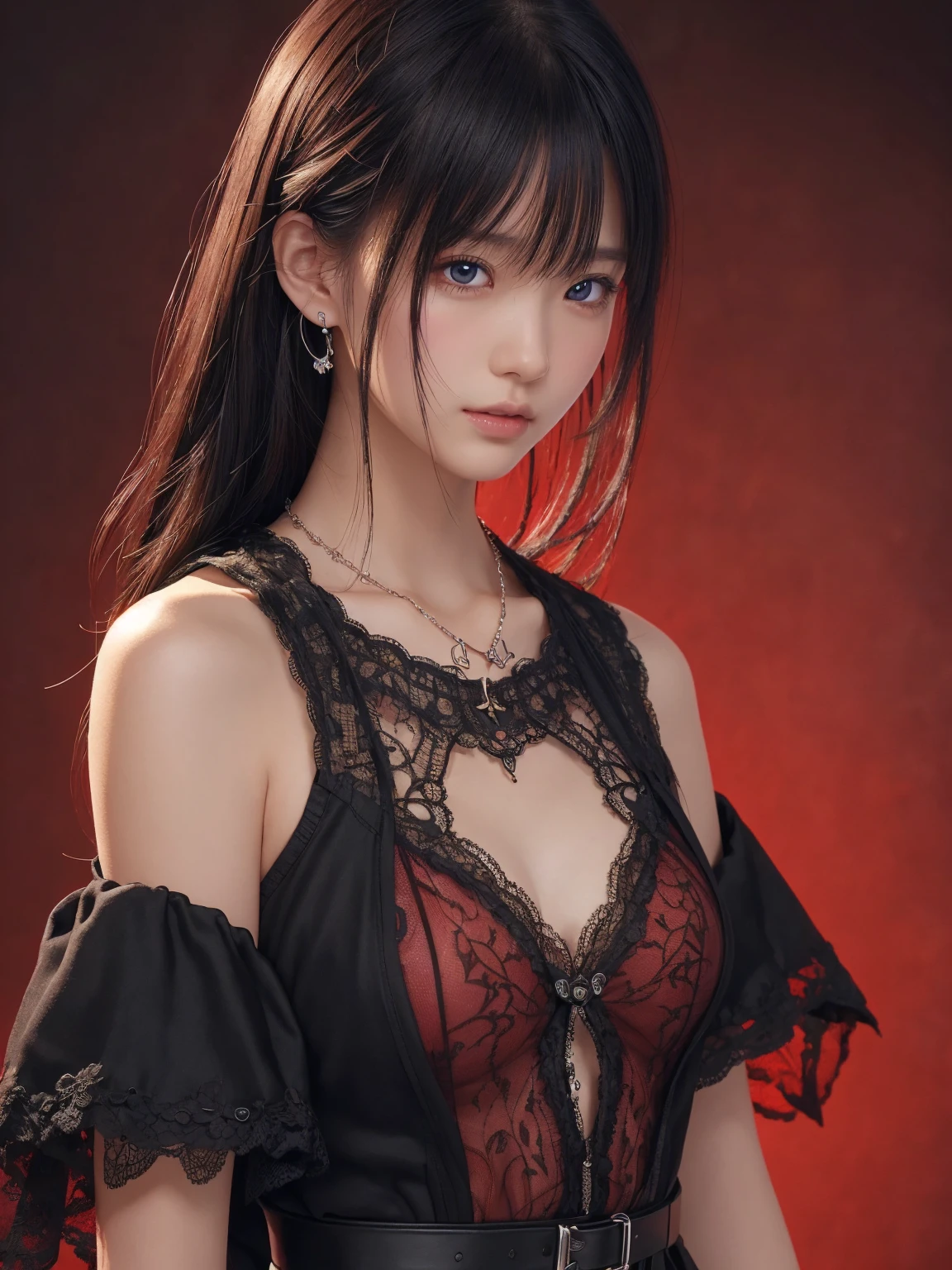 ((Best Quality)),(  super high resolution ),( very detailed),( detailed explanation),(( best CG )),(a masterpiece), super detailed art、See-Through 2.0、Outside the shoulder、 clevis、 red background 、