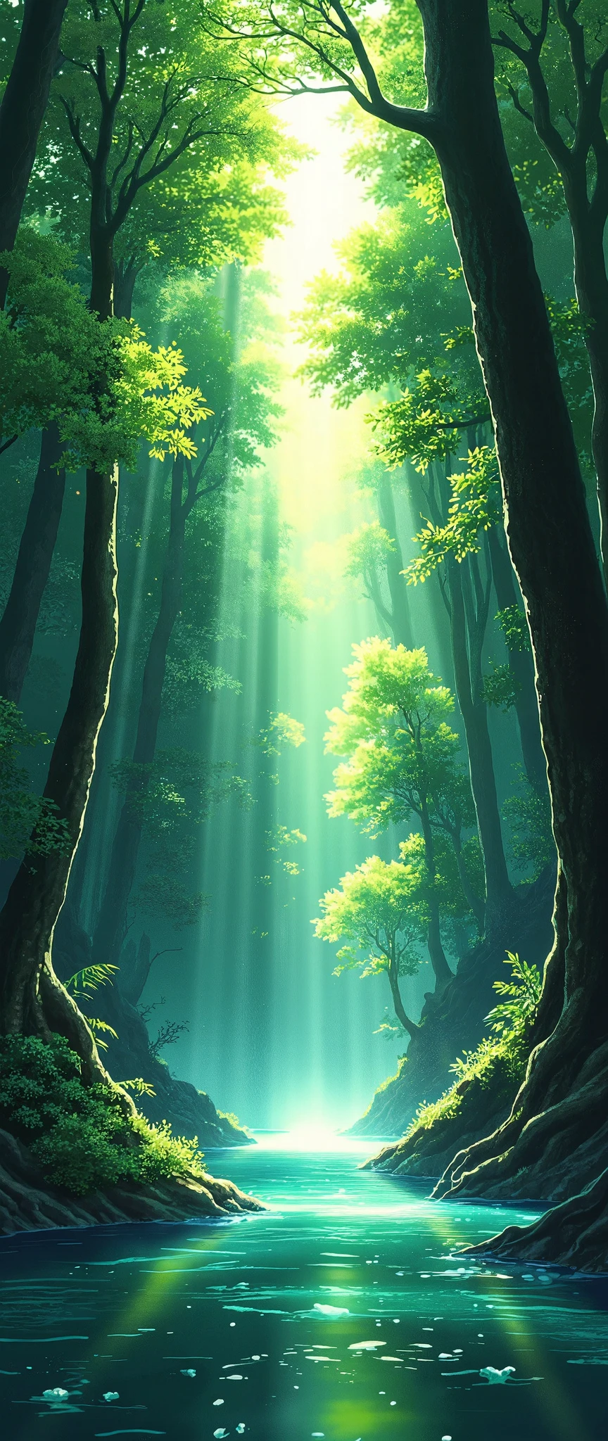 (masterpiece:1.2,Exceptional Quality,Mirror-like, A movie-like experience , best illustration :2.0,Super detailed:2.0),16k,wallpaper,(forestの中の光:2.0),( sunlight filtering through the trees:2.0),(鬱蒼としたforestの木々 A ray of light shines into the pond through the gap:2.0),(Crystals of Light Reflected in the Pond :2.0),(forest:2.0),(moss:2.0),( studio Ghibli :2.0),( Anime Artwork),( dynamic :2.0),(From below:2.0),( Back view of a mountaineer looking up at the light shining in:2.0),( vibrant colors:2.0),(Vivid and beautiful gradation :2.0),(god々Shining light:2.0)