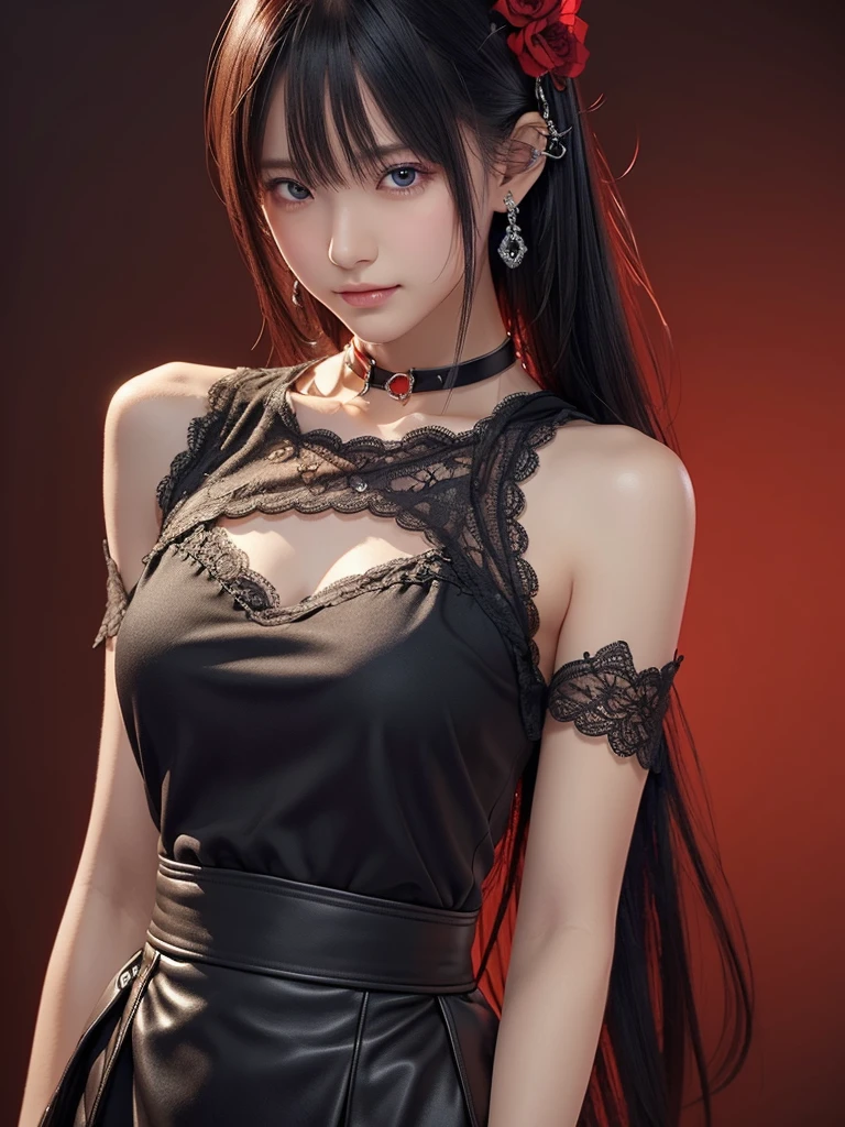 ((Best Quality)),(  super high resolution ),( very detailed),( detailed explanation),(( best CG )),(a masterpiece), super detailed art、See-Through 2.0、Outside the shoulder、 clevis、 red background 、