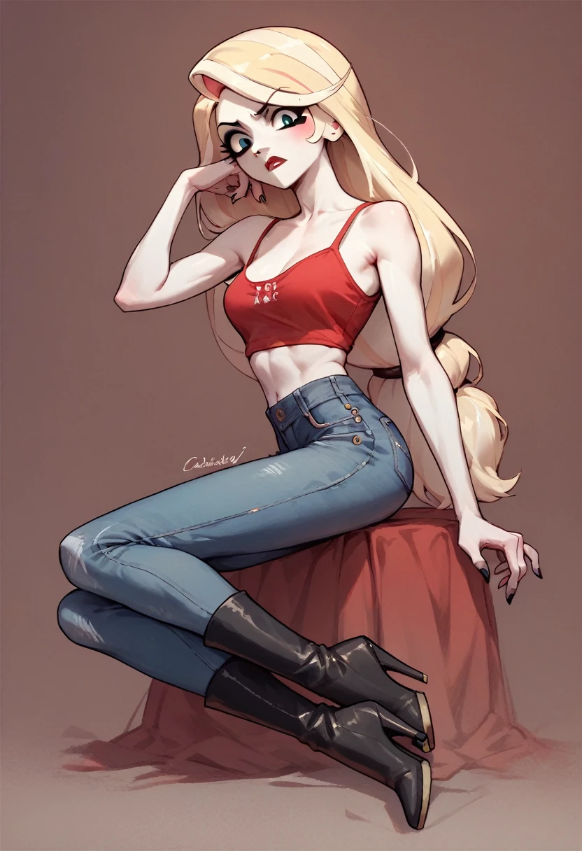 Charlie Morningstar, Blonde hair, white skin, red low-cut spaghetti top, skinny jeans, heeled boots, disapproval expression, black eyeliner, red lipstick, black nails