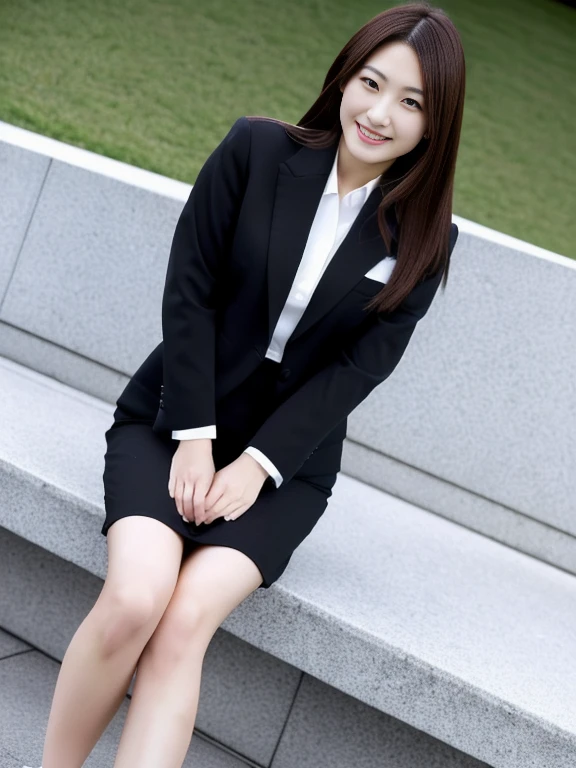 8K,  highest resolution , Wore a strict black business suit , A Japanese woman is standing, Full body leg shot ,  full-body image of a Japanese woman in an empty park , wearing a strict white business suit , short white tight skirt ,  brown ankle strap pumps,  highly detailed face,  beautiful face, Smiling, A Japanese woman with a clean face, The eyes of the audience ,  pretty round pretty eyes ,  thin thighs, Thin legs, Hands are crossed behind the body and can't be seen