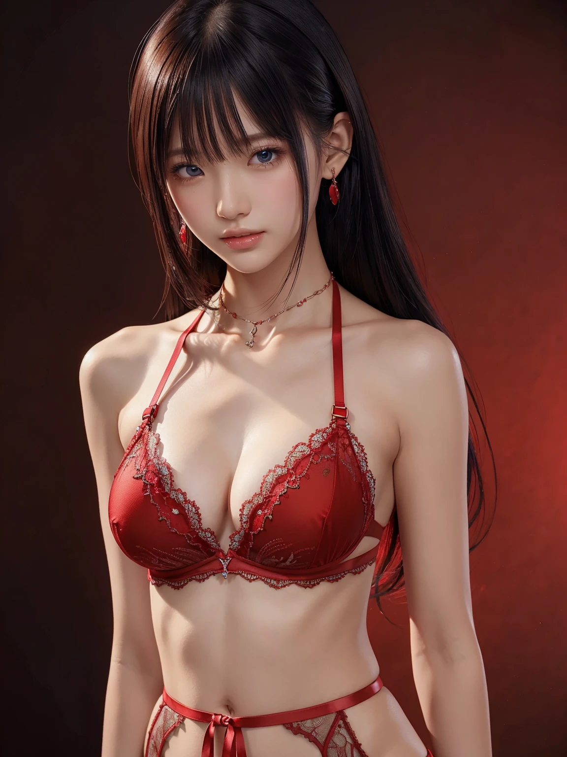 ((Best Quality)),(  super high resolution ),( very detailed),( detailed explanation),(( best CG )),(a masterpiece), super detailed art、See-Through 2.0、Outside the shoulder、 clevis、 red background 、 red lingerie