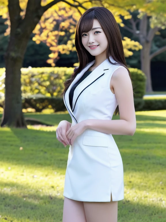 8K,  highest resolution , Wore a strict black business suit , A Japanese woman is standing, Full body leg shot ,  full-body image of a Japanese woman in an empty park , wearing a strict white business suit , short white tight skirt ,  I'm wearing brown ankle strap pumps,  highly detailed face,  beautiful face, Smiling, A Japanese woman with a clean face, The eyes of the audience ,  pretty round pretty eyes ,  thin thighs, Thin legs, Hands are crossed behind the body and can't be seen