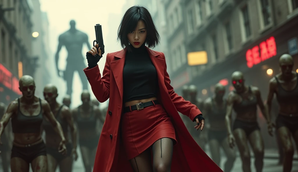 A gangster boss on the streets of Japan, A group of gang members stood behind,angry look,Mixed Korean,The background is blurred out,focal,电影灯光,(((tmasterpiece))), ((best qualtiy)), ((Complex and detailed)), ((ultra-realistic realism)), Ridiculous resolution, A MILF, Mature woman, ssee-through, highly detailed, illustratio, 1girll, (huge tit), Thin waist and thick hips,long leges,beatiful detailed eyes, short detailed hair, brunette color hair, a purple eye, (Gangster suit:1.2),Tattooed with,Large flower arms,Full of tattoos,Japanese yakuza,Kamami Yamaguchi,Japanese Yamaguchi-gumi,Japanese yakuza woman,The Underworld,full tattoo,Gangster boss,Lunette de soleil,(a skirt),Gangster godfather,and there is blood on the corners of your mouth,Gang boss,There are scars on the face,bandage on hands,Bloody violence,Sexy and feminine,(No underwear),pantiess, detailed back ground, perfect eyes, Seductive eye, (nice hand),Detail hands,looking at viewert,From the front,Wear light,(Bloody gangsters),Suit thugs,