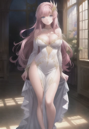 (masterpiece, best quality), (ultra-detailed), (illustration),
(official art),
 lacus_a,  purple eyes, hair ornament, long hair, wave hair ornament, pink hair,  white dress,
((perfect anatomy)), (( perfect body )),
(detailed indoor background:1.2),  1 girl, full body,
( high resolution on down, incredibly absurdres, very aesthetic, intricate details,  high detail, finely detailed)