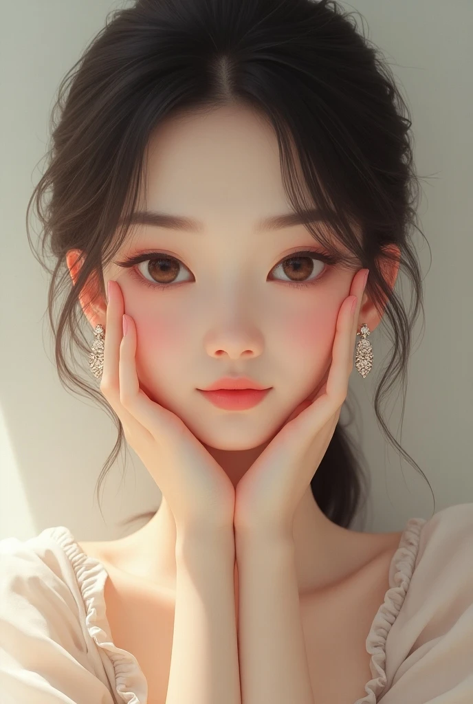 Sexy Woman, Very deep blush, Red nose tip, Long neck,Medium Chest, Visible Cracks, Bedroom, Warm lighting , Lying in bed, Put your head on the pillow, look up、Open your eyes