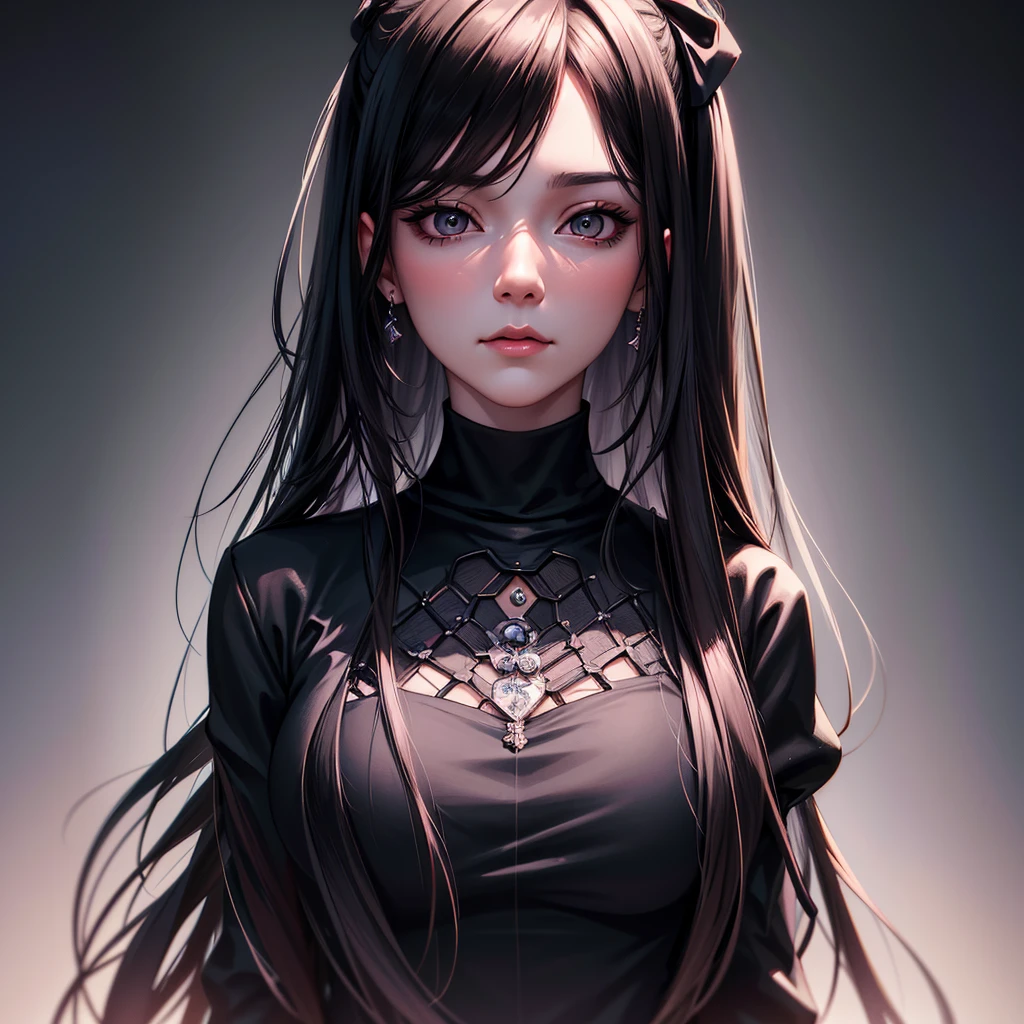 Portrait of anime goth girl, dark eyes, black long hair, short blunt bangs