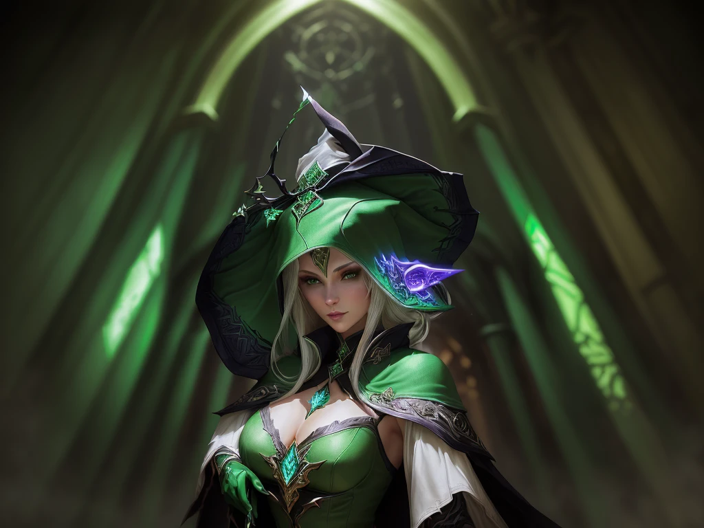 alchemist, beautiful woman (( Scarlet Johnson: Amber Heard:0.6)) , smiling, big breasts, flashy effects(((Green hue:0.9)))