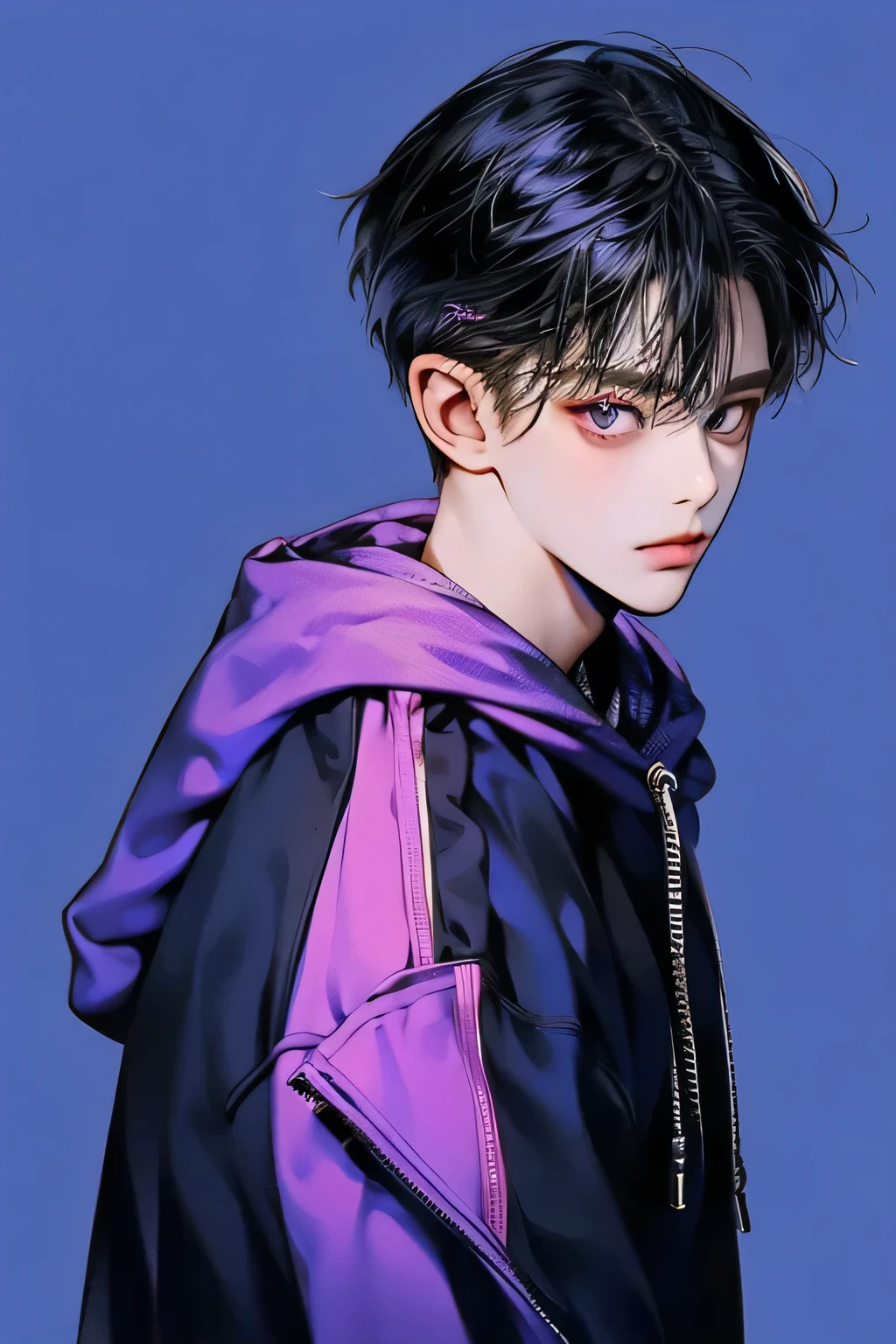 masterpiece, best quality, Detailed Eyes, high quaility, 1 male, male, 1 boy, gentle, soft, handsome, tall, black hair, purple eyes, have a broad shoulders, One person, a hadsome man, Korean man, cool man, undercut, ((짧은 머리)), skinny, ((simple backgroud)), ((be wearing a hoodie))