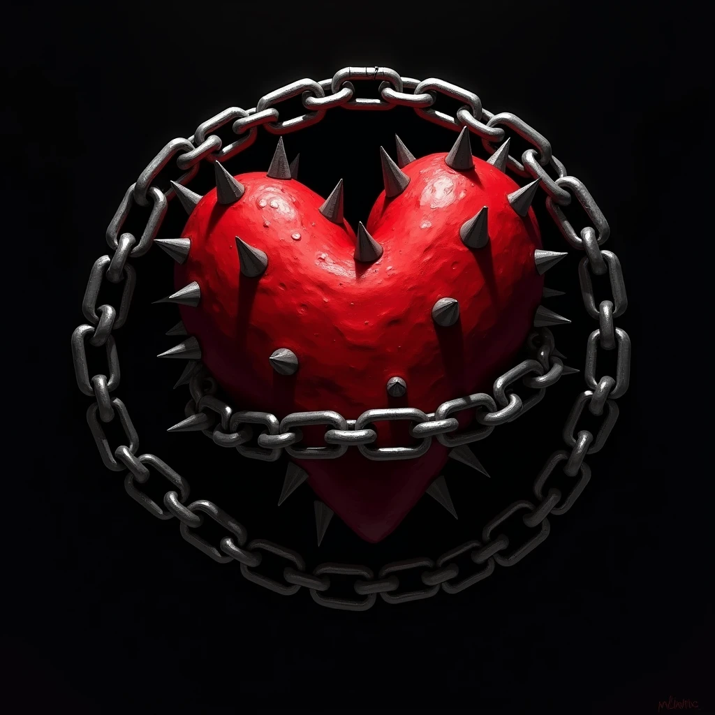A red heart with spikes and chains A black background with lighting A ...