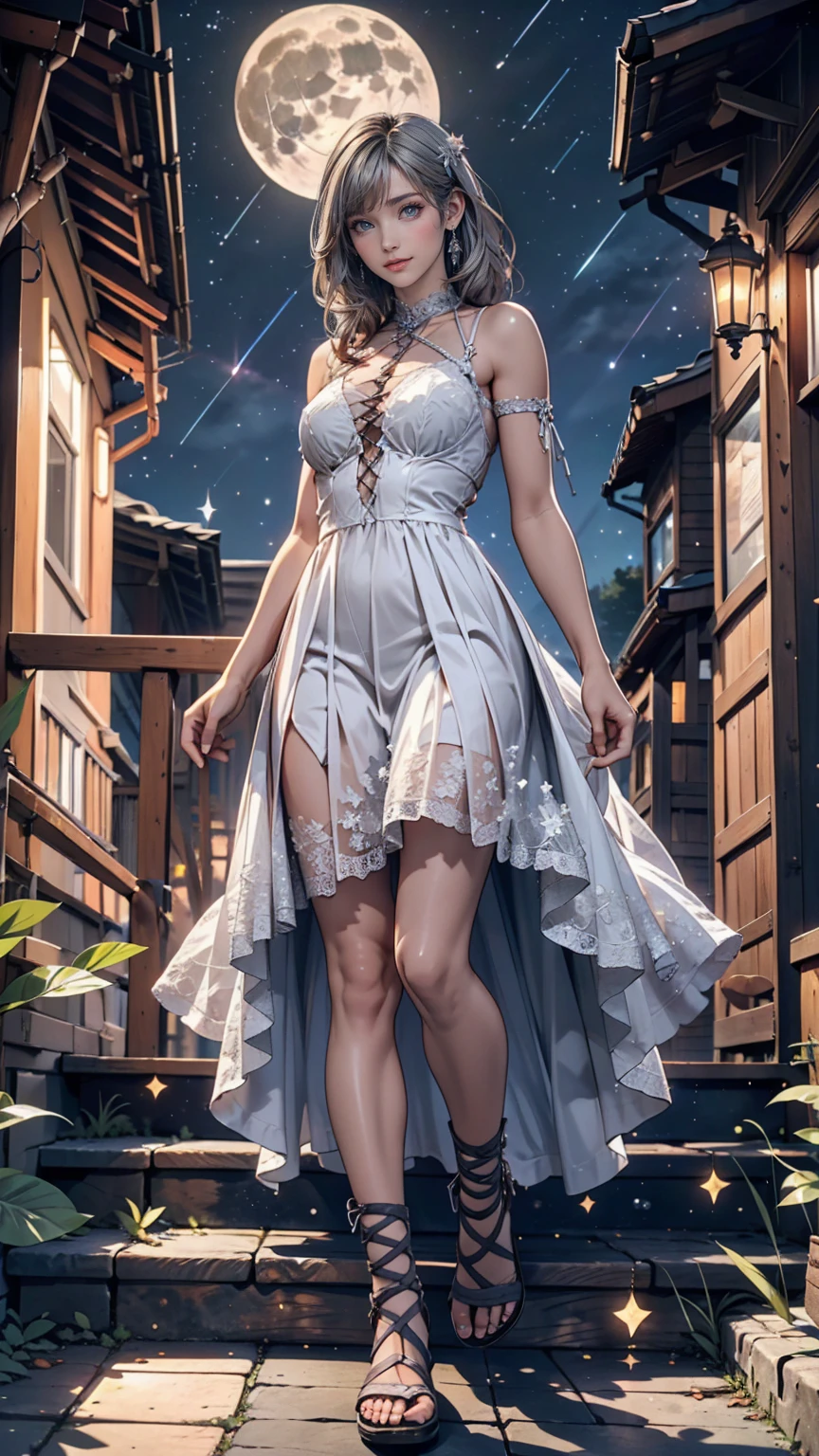 under the night sky、An elegant woman looking up at the starry sky。Her silhouette is illuminated by the moonlight、The dress flutters in the wind、bracelet、choker、Upstyle your hair、Stiletto heels、Cowboy Shot