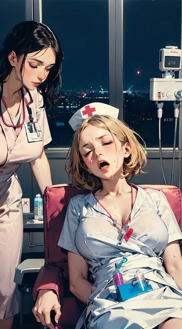 A nurse in the intensive care unit fucks a patient in a horsewoman position