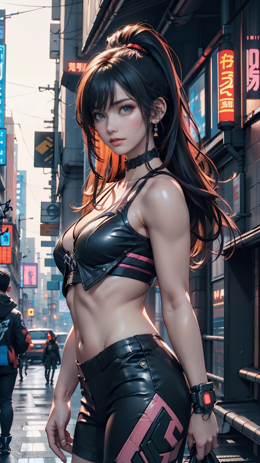 A woman stands on the side of the road,  Cyberpunk Art by Yang J ,  trending on Artstation,  realism, artwork in the style of Gwaiz, Anime Style. 8k, Gwaiz,  realistic anime 3d style ,  in a , 🤤 Portrait of a Girl,  hyper-realistic cyberpunk style, Anime Style mixed with fujifilm, Dreamy Cyberpunk Girl