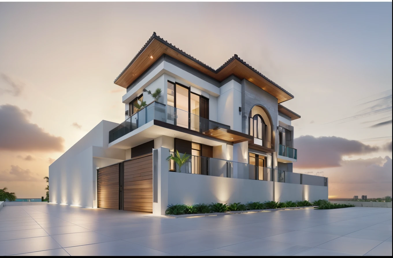 RAW photo,Masterpiece, high quality, best quality, super detail, townhouse, modern house with (tile wall:1.2), glass windows, (wooden ceiling:1.1), railing glass, main door conwood,tropical trees, sunset, beautifu sky, (high detailed :1.2), 16k uhd, dslr, soft lighting, high quality, film grain, 3dmax vray