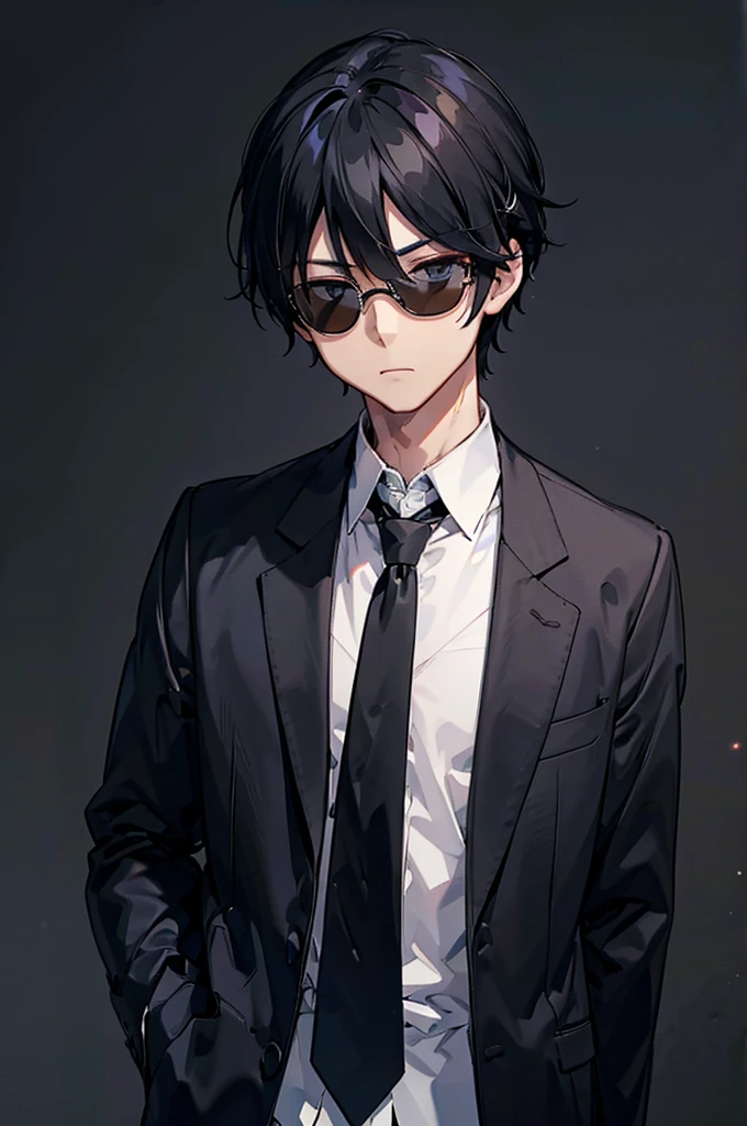 maleのキャラ、Scratched hair、Three white eyes、 black background with spotlights, Black Hair,Blue-black eyes、gender: male、1 person（Wear thin sunglasses）sketch ( Mr.々Face、whole body 、whole body黒の服装)