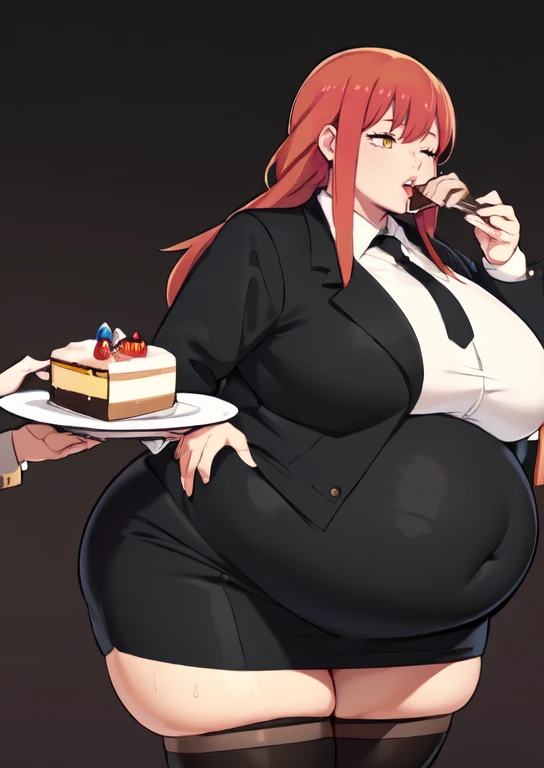 (masterpiece, best quality), 1girls, big belly, blurry background, huge belly, art by kipteitei, round belly, chubby, curvy, long hair, red hair, black mini skirt, thighhighs, simple_background, gradient_background, belly bursting out of black ,(((black suit jacket))), long sleeves, wearing a black tie, enormous belly, fat belly, thicc, bigger belly, really big belly, jiggly belly, giant huge belly, big enormous belly, ((((gigantic belly)))), bloated belly, fat belly, ginormous big belly, expanding big belly, sfw, safe for work, kneeling on bed, sfw (safe for work), makima, (((a person out of frame is feeding her cake, cake is being shoveled into her mouth, her lips are closed around a slice of cake, a platter of cake, she has her mouth open wide f))), sweating, blushing, (mouth open wide, she is saying aaah), ((her belly is being grabbed and played with by floating hands))