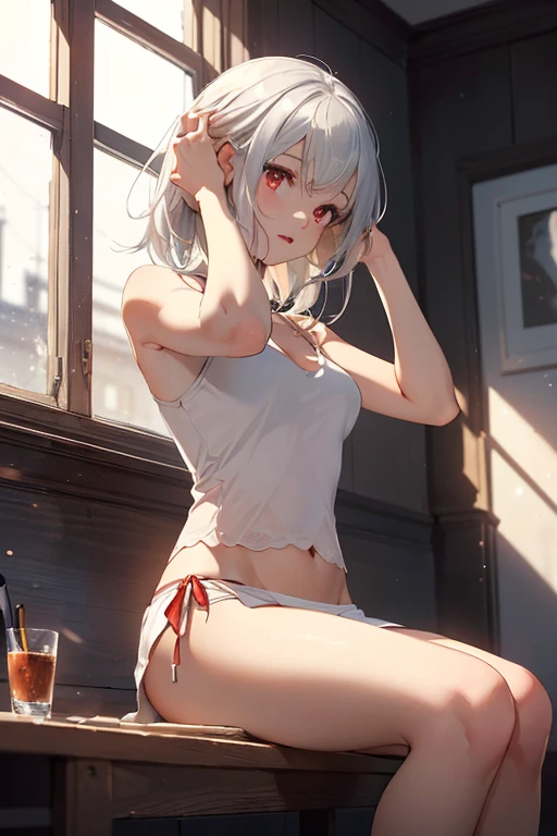 masterpiece、highest quality、Very detailed、An illustration、Beautiful fine details、One Girl、cute、Detailed landscape、Training Room Background:1.4、Platinum Blonde Hair、Braided Ponytail、Red camisole、((a cup breasts, Tank top showing underboob:1.3))
