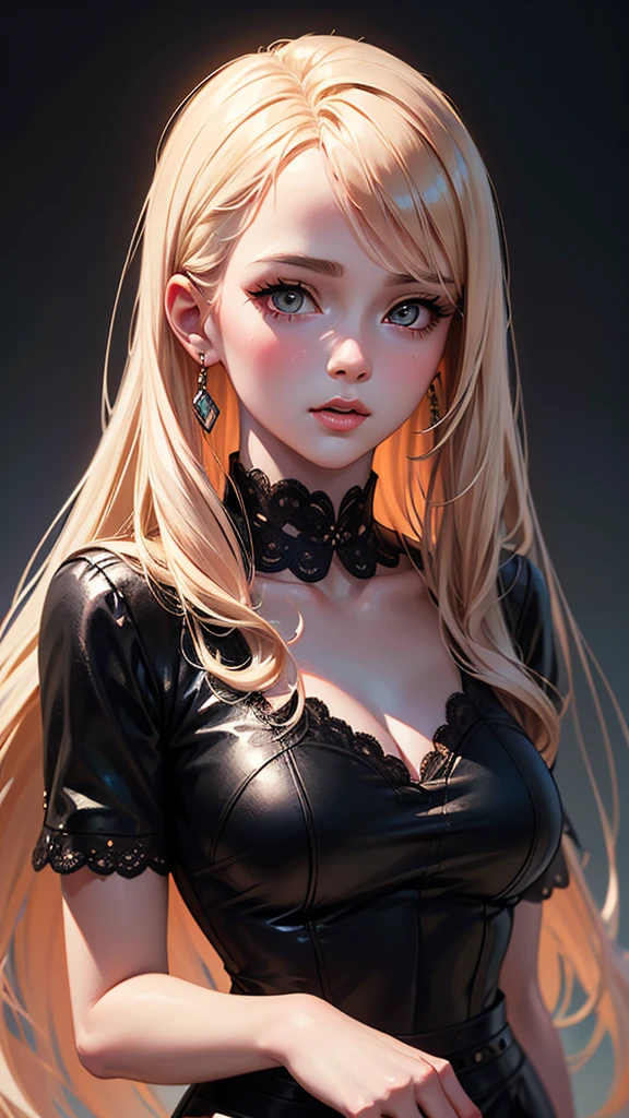 (best quality), 1girl, female, pale skin, (black hair), blonde ombre, medium hair, messy hair, hair over eyes, (brown eyes), perfect eyes, dark circles under eyes, skinny body, , flat chest, goth fashion, childish, masterpiece, anatomically correct, highres