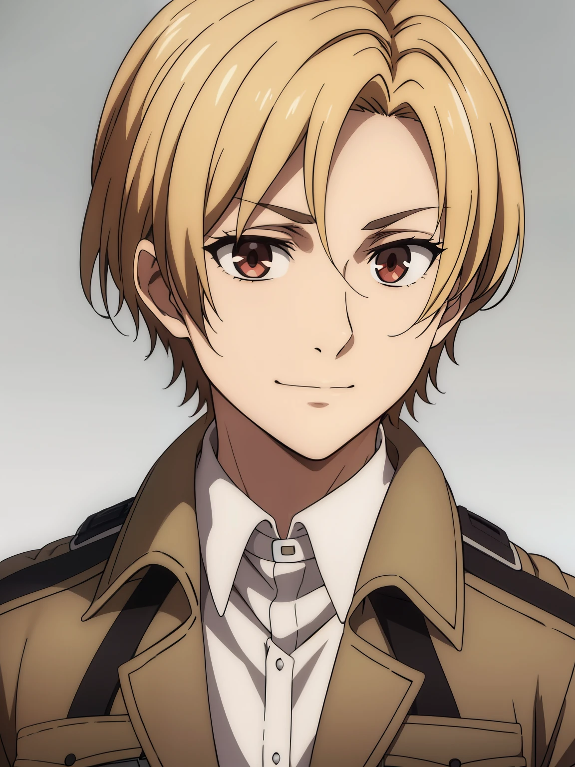 (high-quality, breathtaking),(expressive eyes, perfect face) 1boy, male, solo, portrait, narrow eyes, kind face, neutral expression, cute smile, aot style, portrait, stylized hairstyle, Symmetrical Eyes, bright soft blonde hair, red eyes, ager, grey background, brown jacket, long sleeves, white shirt, belt, pants, attack on titan clothing, mappastyles4, three-dimensional maneuver gear, fluffy hair, pale skin, , half closed eyes, looking at viewer, left bang, haruki_serizawa
