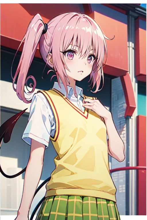 Nana Asta Deviluke, girl、一人の girl、tooth, Long Hair, Pink Eyes, Pink Hair, Tail, demon Tail、twintails,  flat chest,  white shirt ,  sweater vest , ( yellow vest :1.1), Short sleeve,  plaid skirt ,  green skirt, Short sleeve, best quality,blush