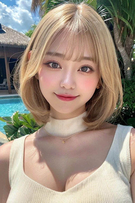 Sunburn marks on tanned skin、Bright blonde hair,A cute 20-year-old girl with a cute look, A strong wind blows my hair in front of my face、beautiful short blonde hair、beautiful, Cute eyes hidden by long bangs、Yawn、No visible nasolabial folds、