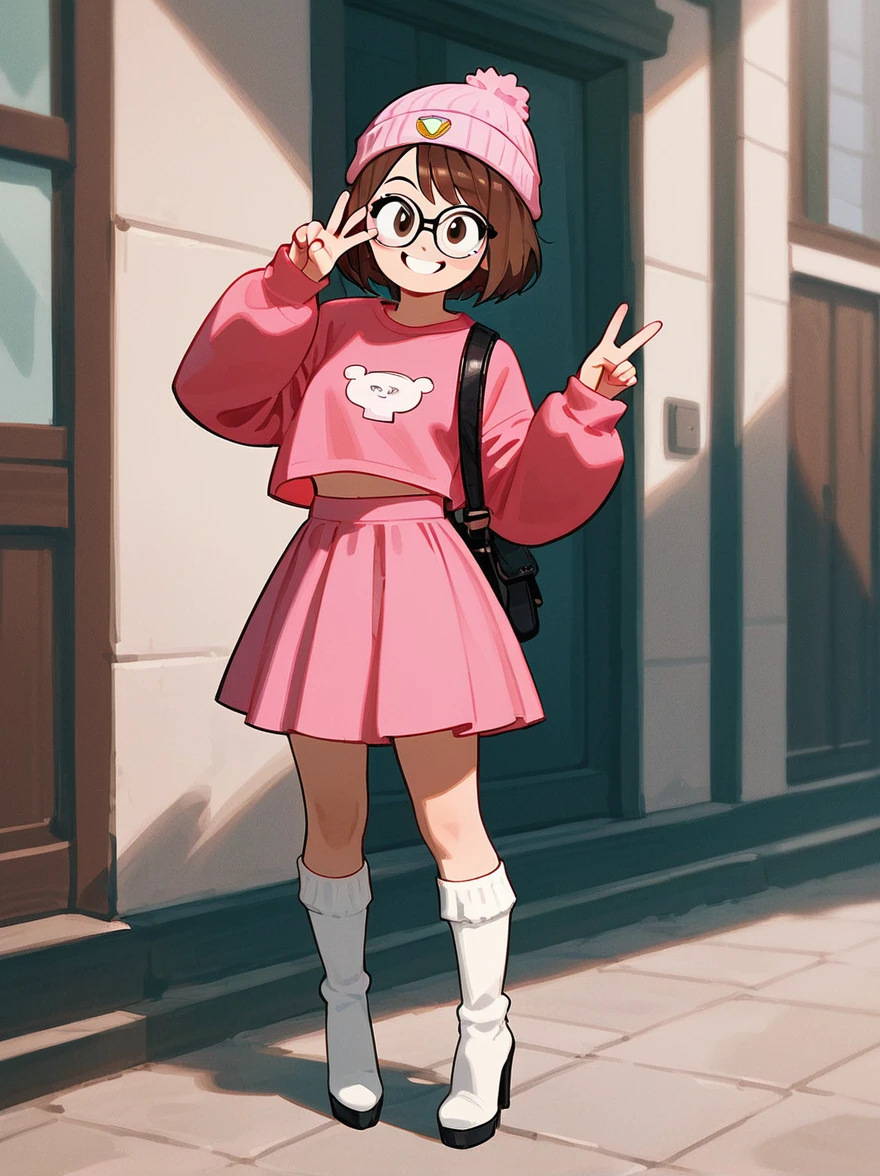 meg, brown hair, 1girl, glasses, solo, short hair, flat color, pink skirt, beanie, pink shirt, pink high heeled long boots, white socks, standing, peace sign,  looking at viewer, smile, score_9, score_8_up, score_7_up, score_6_up, score_5_up, score_4_up