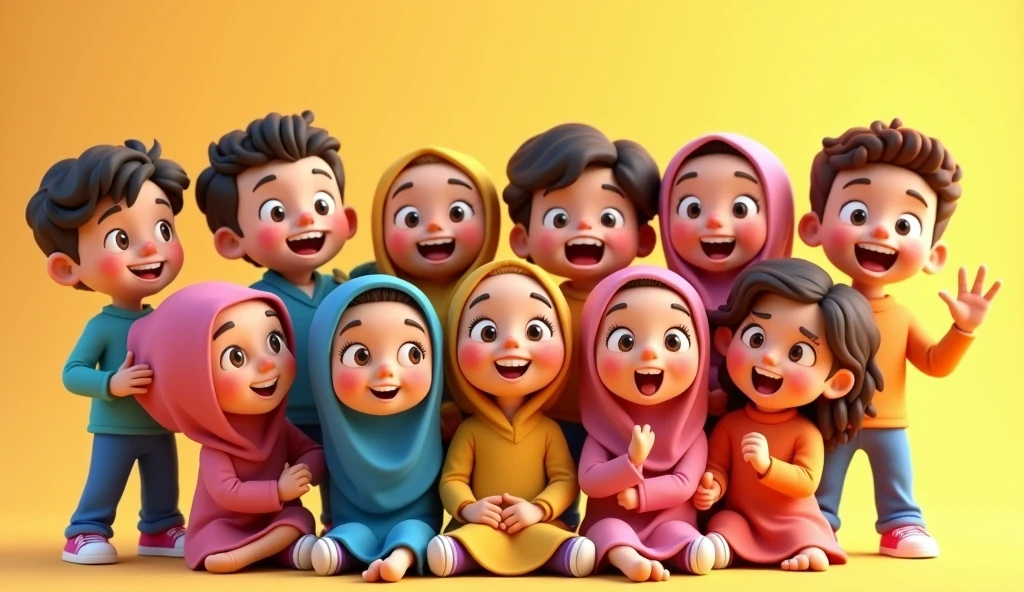 ((3 males sitting)) and ((3 hijabbed females sitting)), caricaturized, cute face, just concentrate, casual fashion, fantasy art, happy expression, extreme detail, masterpiece, cinematic lighting, 4k, indoor background