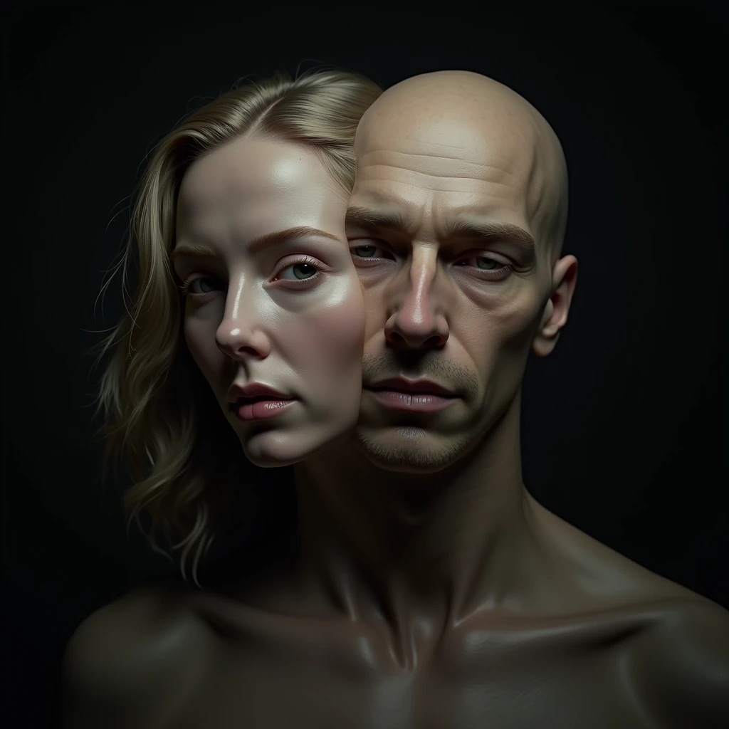 Topless young beautiful woman, medium breasts, French kissing with tounge a 65 year old bald man with roundish face, wide shot, fantasy background