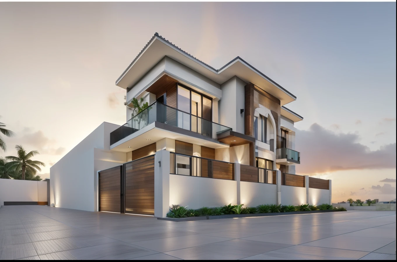 RAW photo,Masterpiece, high quality, best quality, super detail, townhouse, modern house with (tile wall:1.2), glass windows, (wooden ceiling:1.1), railing glass, main door conwood,tropical trees, sunset, beautifu sky, (high detailed :1.2), 16k uhd, dslr, soft lighting, high quality, film grain, 3dmax vray