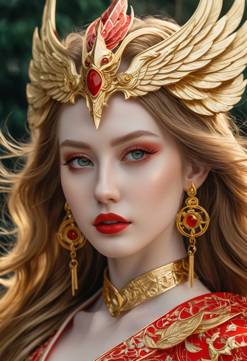 Photorealism, Face facing front, (extreme detail : pale skin, face golden ratio, windblowing hair)Stunning hyper-realistic beauty Japanese girl, by Ash Thorp and Marta Nael, anime, manga, character, upper body only, wearing high detail elaborate red mate mix 24k gold balinese garuda engraving  fantasy clothes inspired by balinese culture, futuristic and modern twist, vibrant high res  colors, soft focus, warm lighting, 8k, high-quality print, delicate features, intricate details, jade eyes , light brown long  hair, high detail skins, red lips,  dynamic pose, fusion of traditional and futuristic elements, barong garuda ornate accessories, exotic patterns, Batik-inspired design, traditional balinese headdress, intricate maluku pearl jewelry. High res, high saturation, cinematic, 8k, 1040x2400 pixels