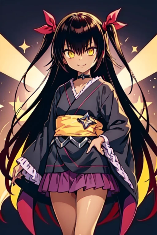 nemesis,best quality, long hair, black hair, two side up, hair ribbon, tan,. dark skin, black choker, frills, japanese black clothes, obi, purple hakama short skirt, standing,evil smile